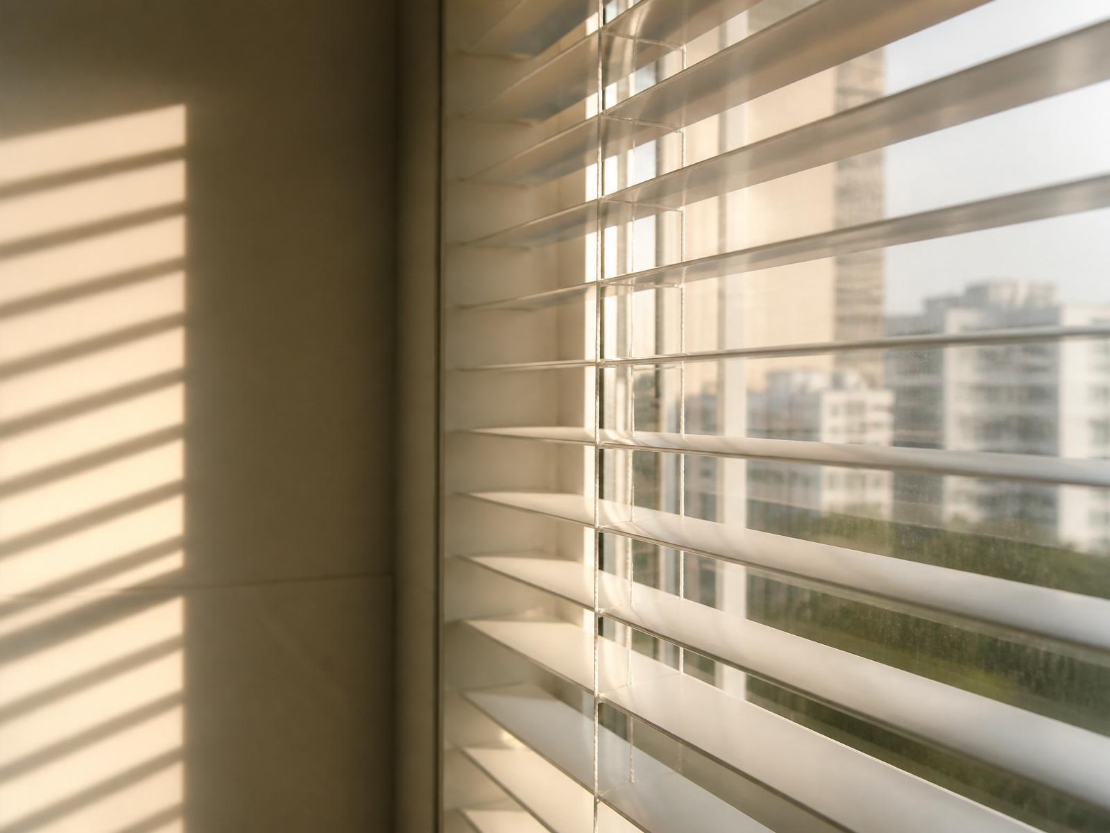 Warm sunlight through venetian blinds in a Singapore apartment